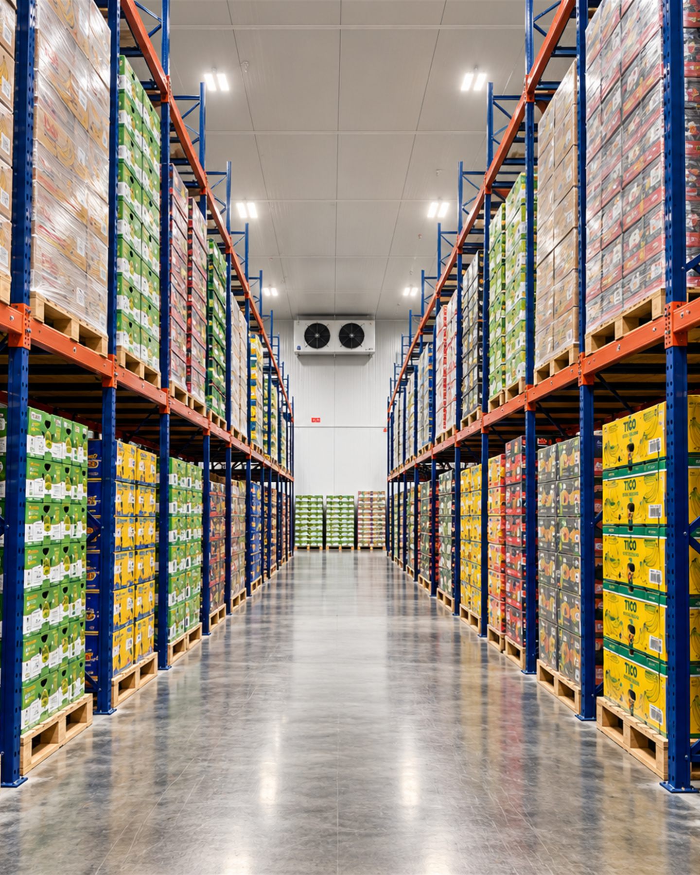 Racked pallets of produce along the South Point cold storage aisle