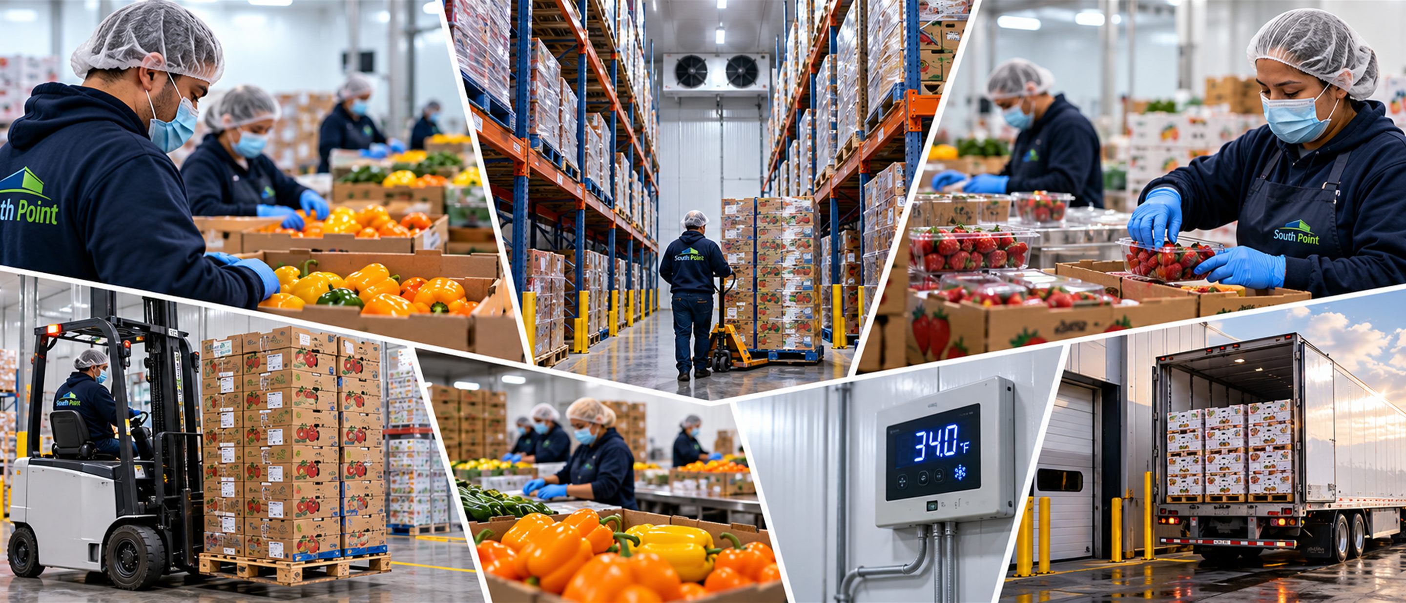 South Point Cold Storage operations: the team repacking produce, the racked cold aisle, a forklift, the temperature readout and the outbound dock