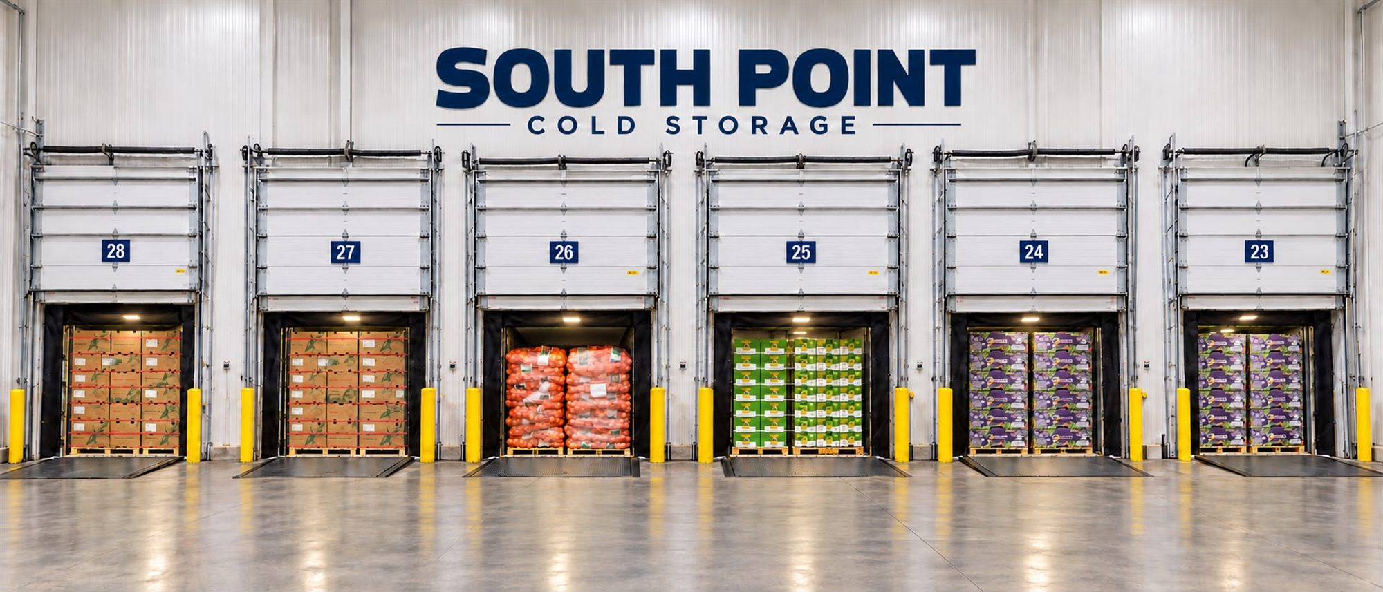 The South Point Cold Storage loading dock, with six numbered doors beneath the South Point signage